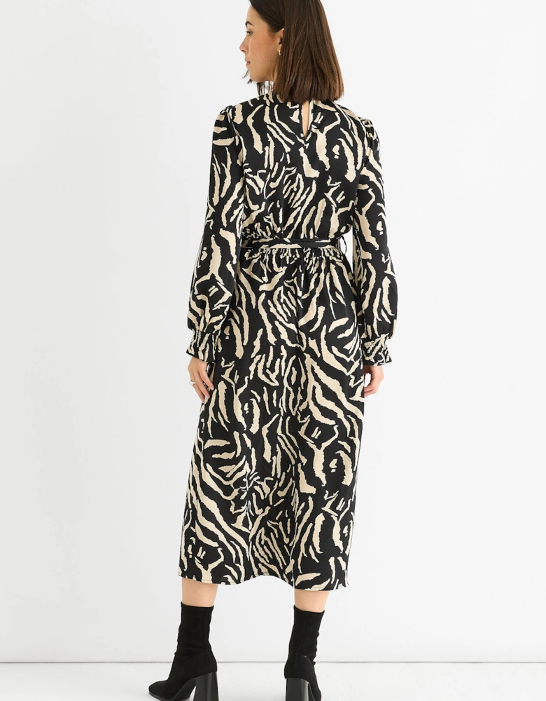 Black Animal High Neck Satin Midi Dress
