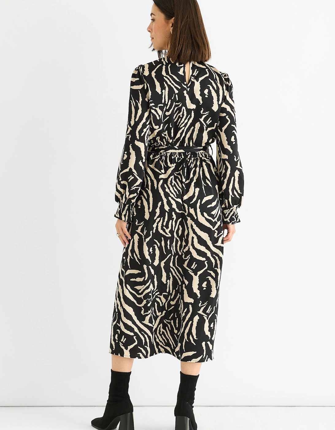 Black Animal High Neck Satin Midi Dress