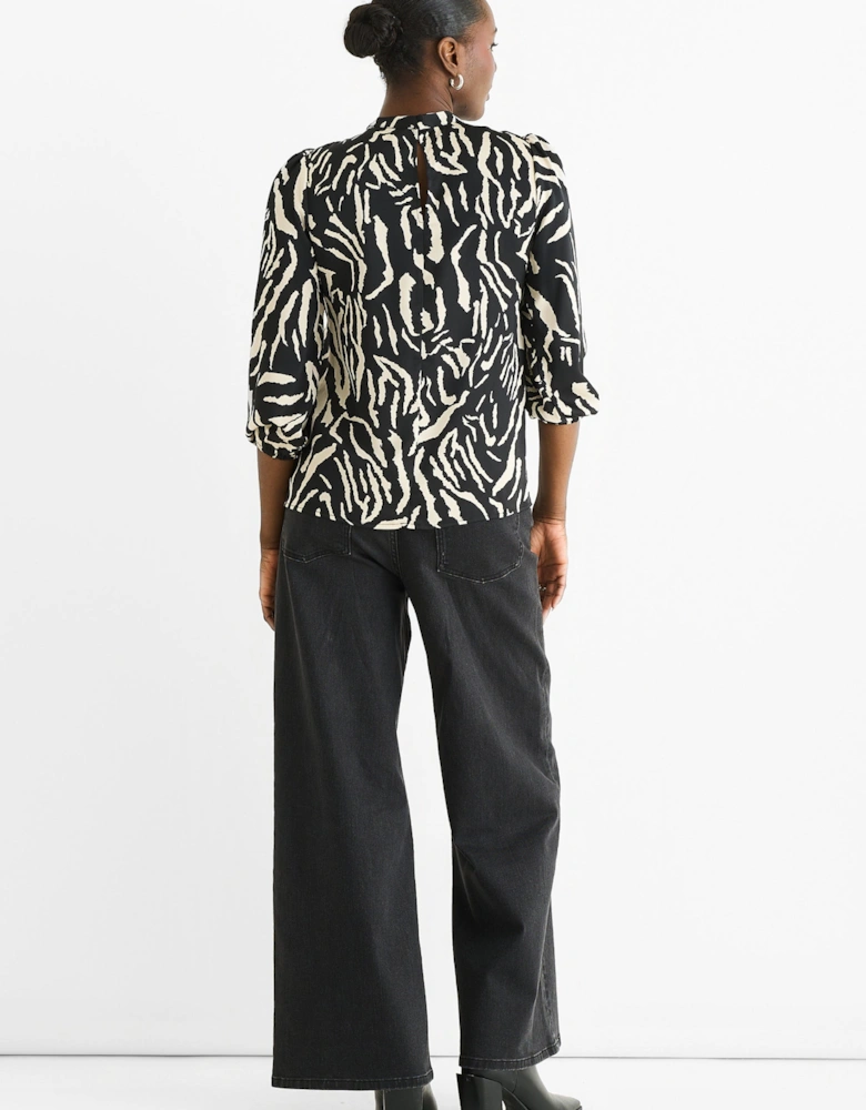 Black Animal High Neck Satin Blouse
