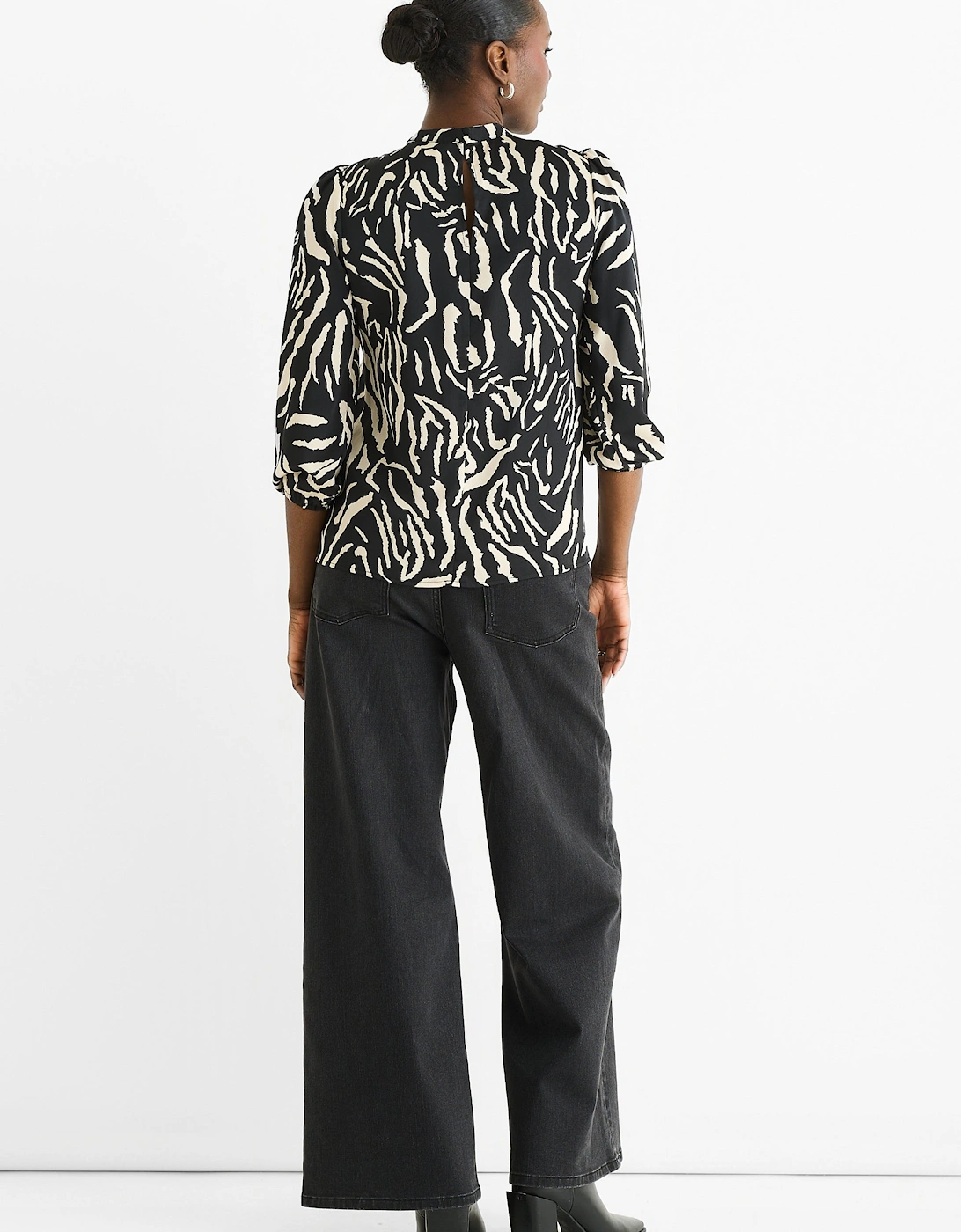 Black Animal High Neck Satin Blouse