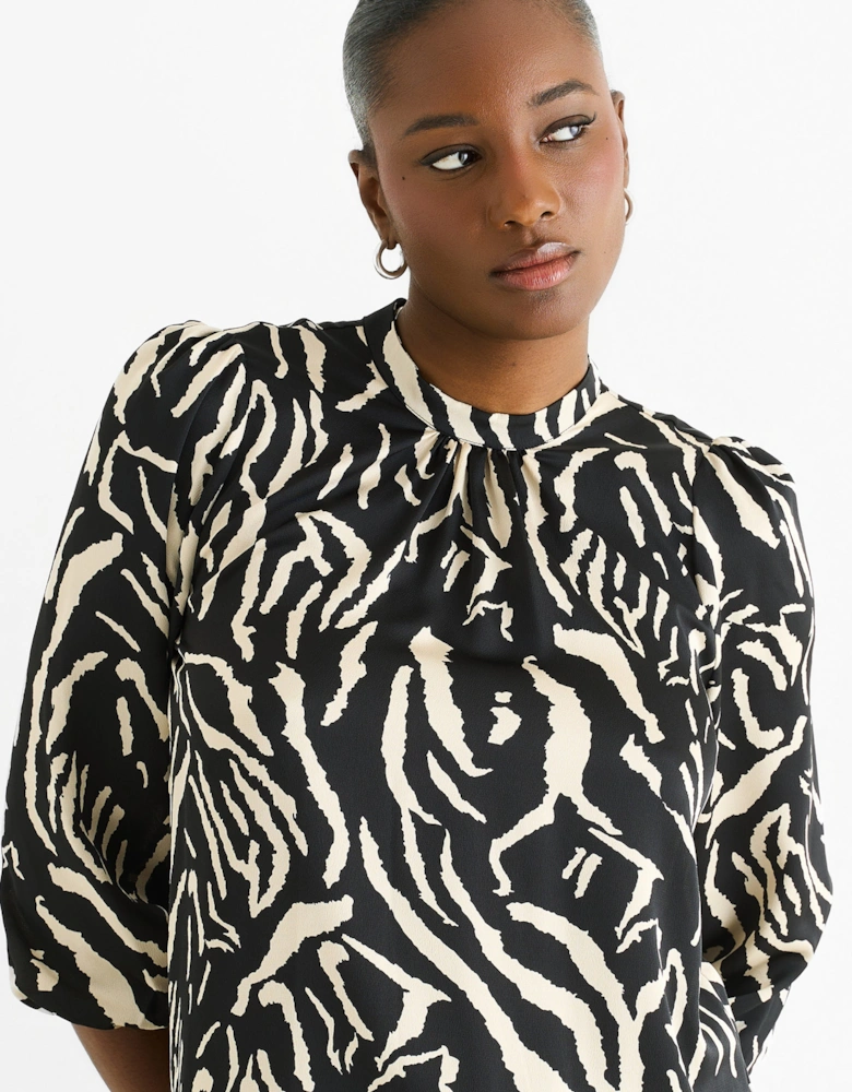 Black Animal High Neck Satin Blouse