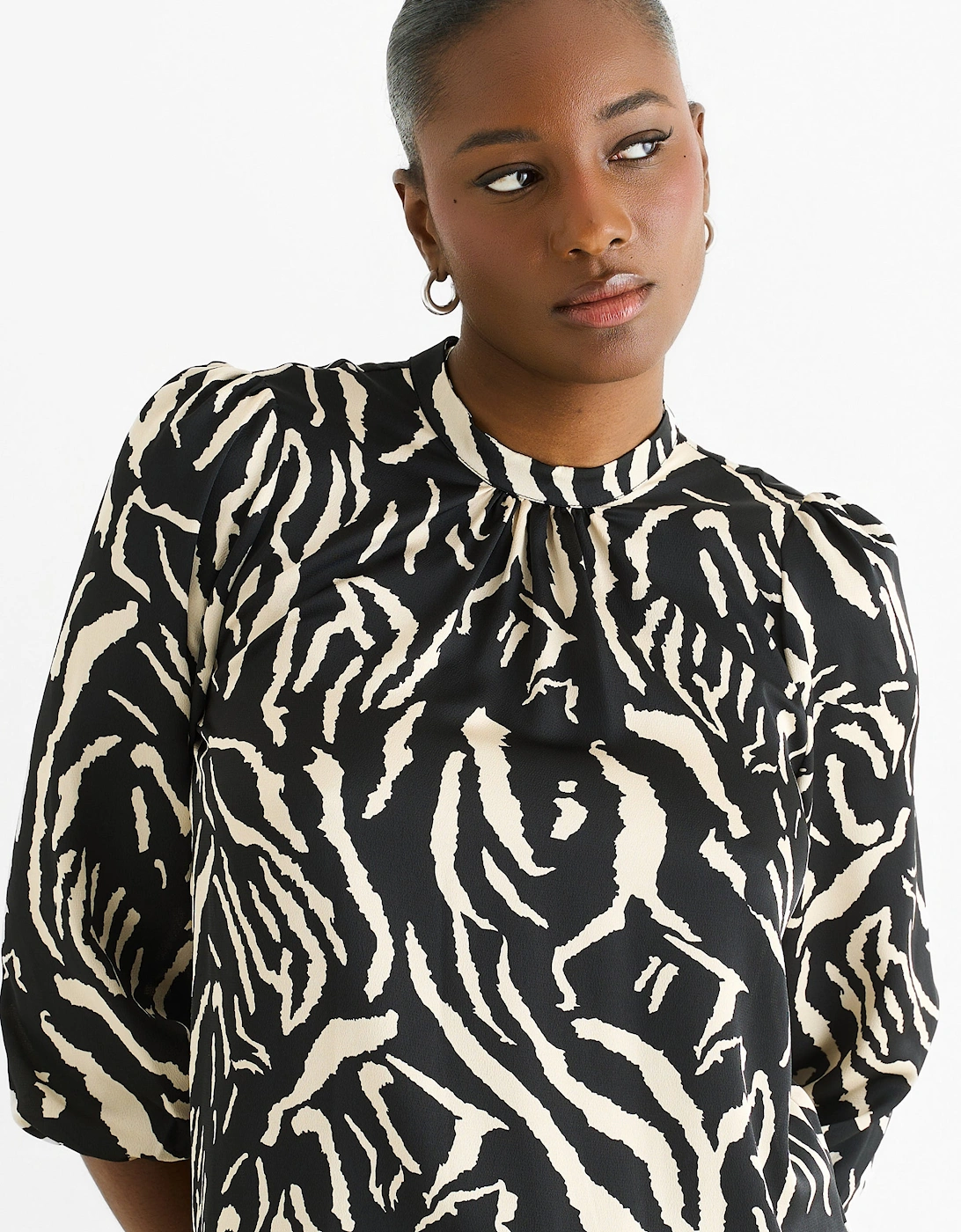 Black Animal High Neck Satin Blouse