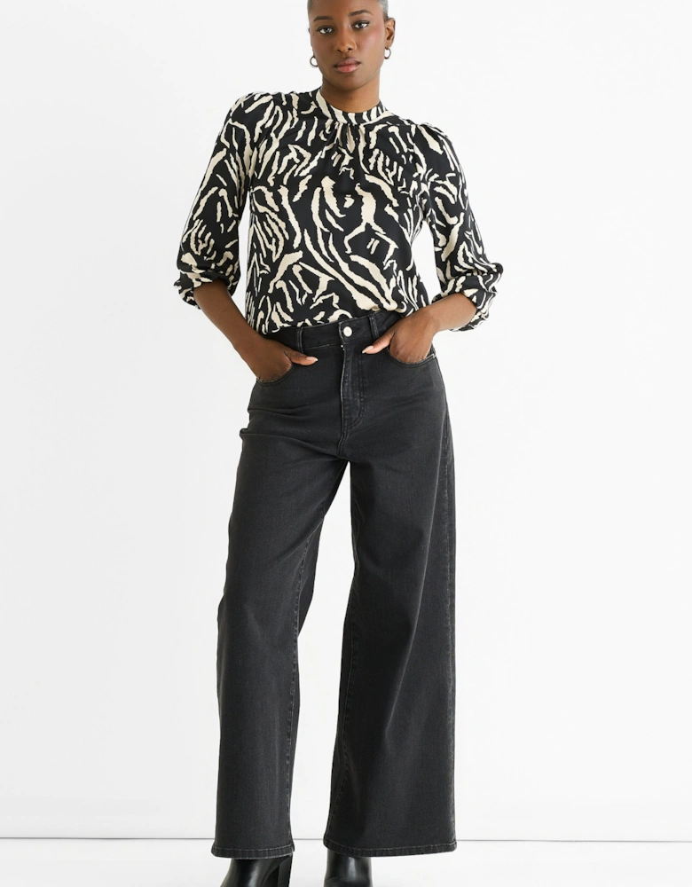 Black Animal High Neck Satin Blouse