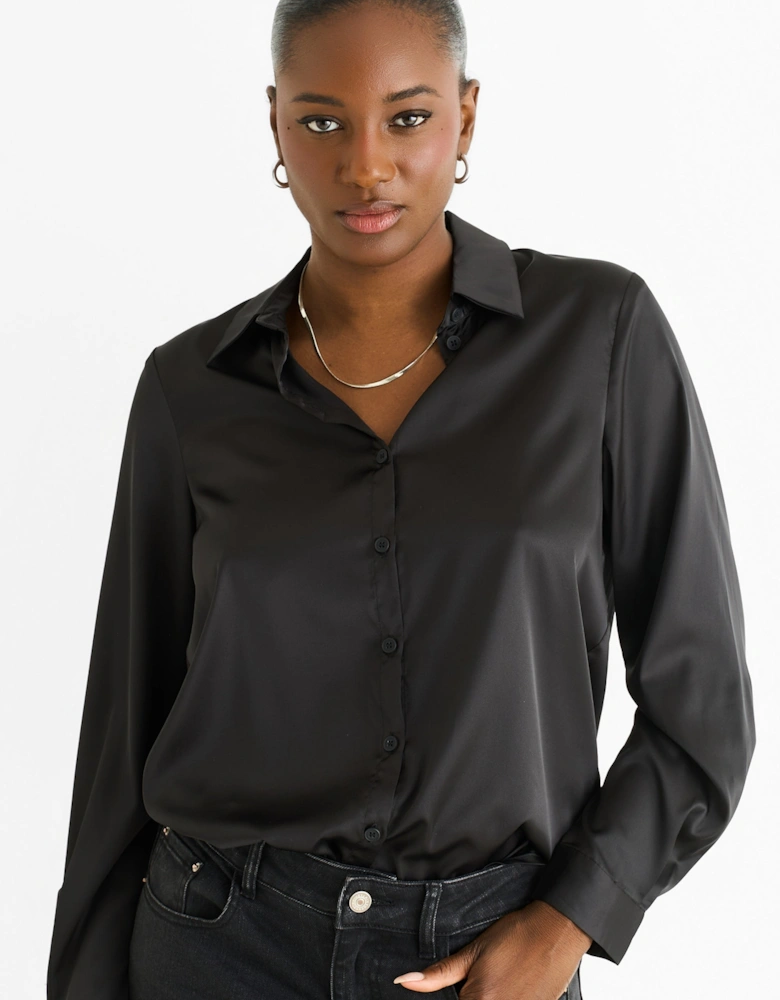 Black Satin Loose Fit Button Through Shirt