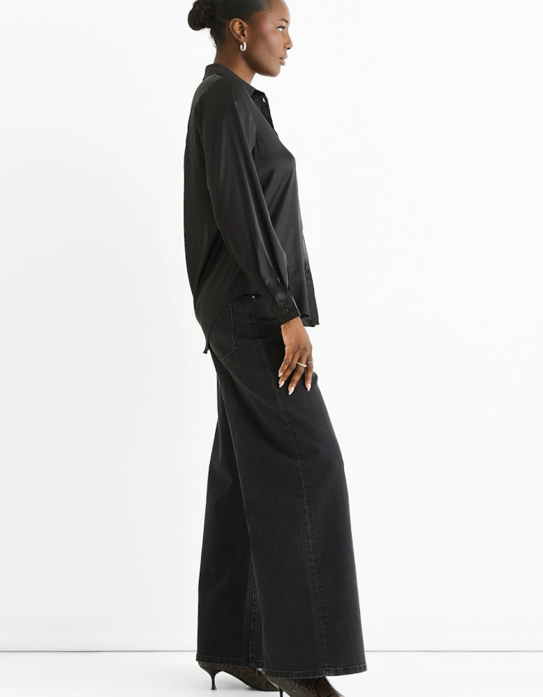 Black Satin Loose Fit Button Through Shirt