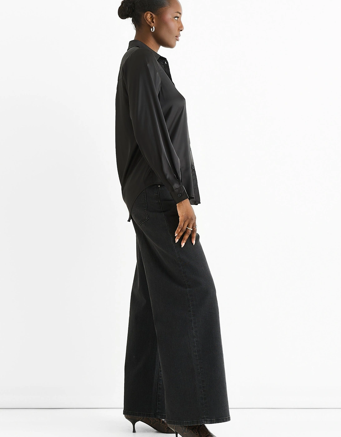 Black Satin Loose Fit Button Through Shirt