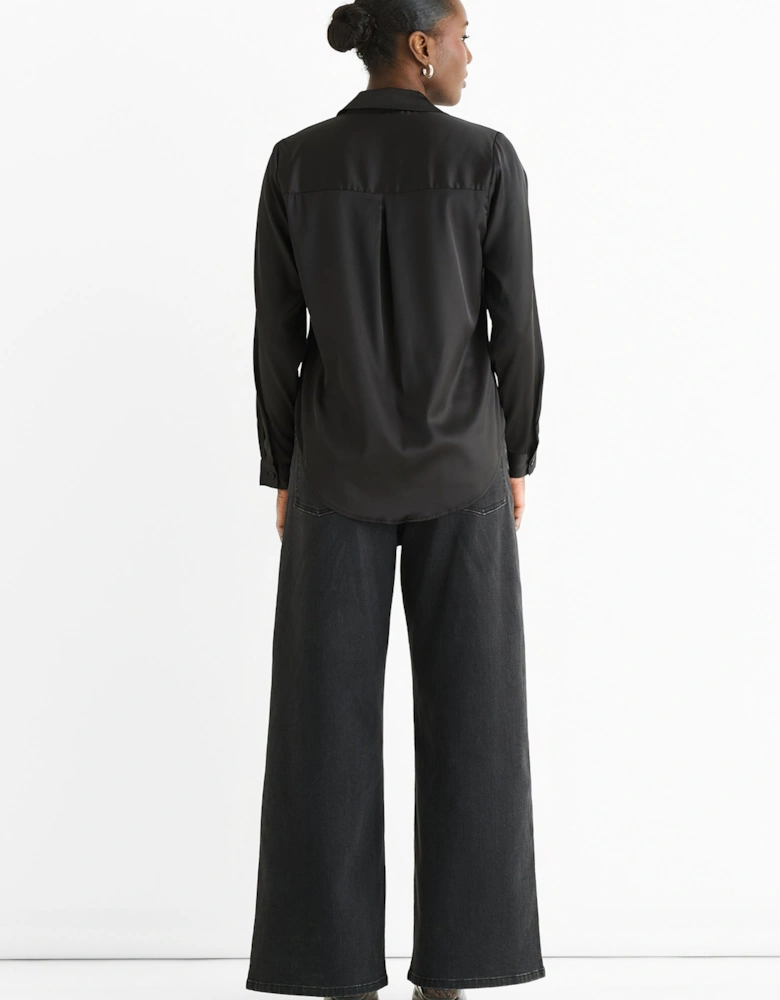 Black Satin Loose Fit Button Through Shirt