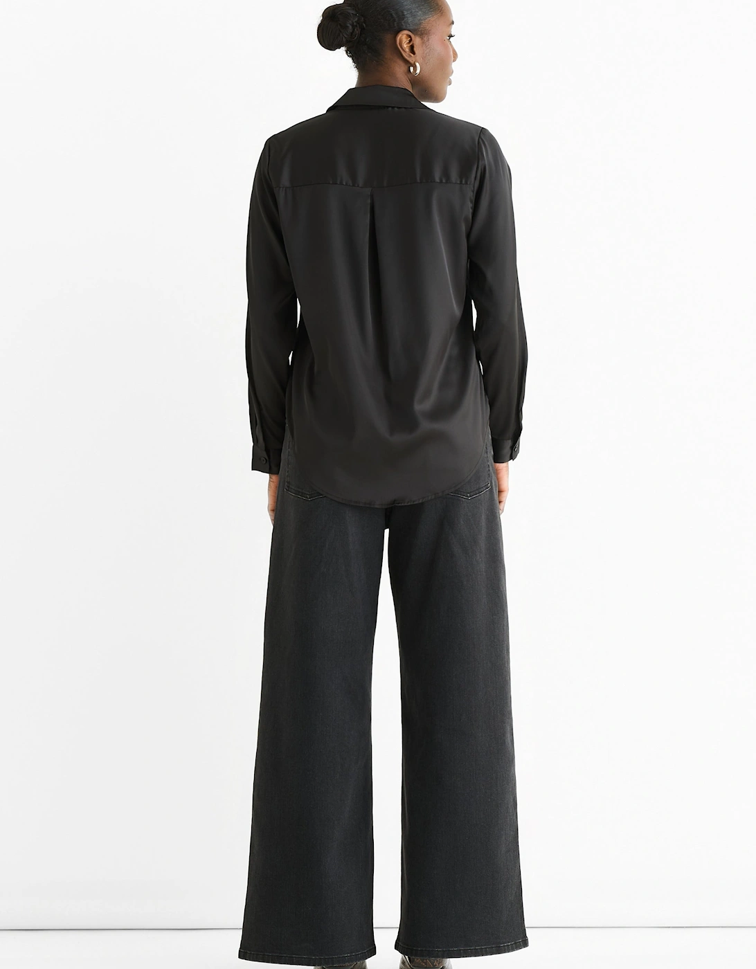 Black Satin Loose Fit Button Through Shirt