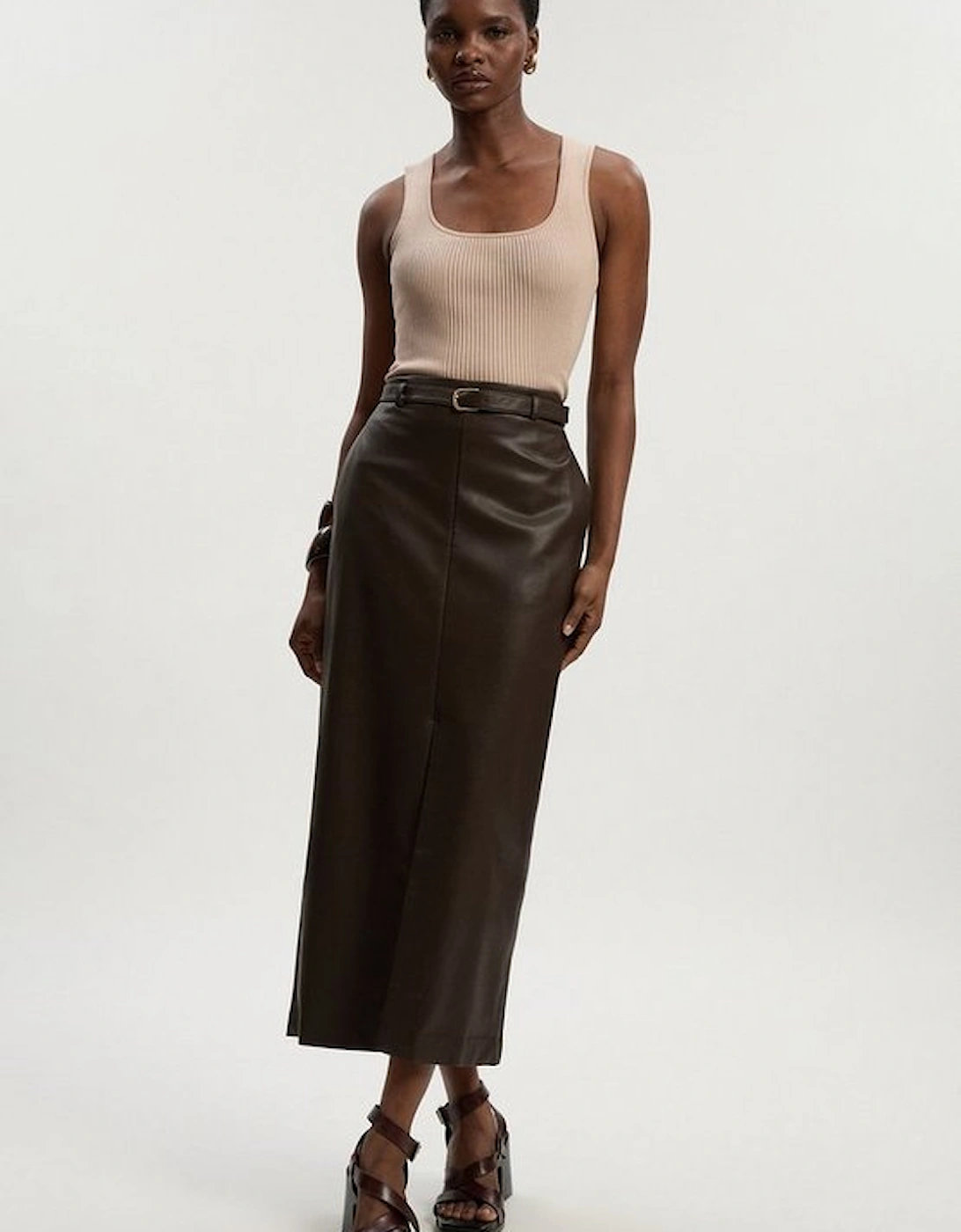 Faux Leather Tailored Midi Pencil Skirt, 4 of 3