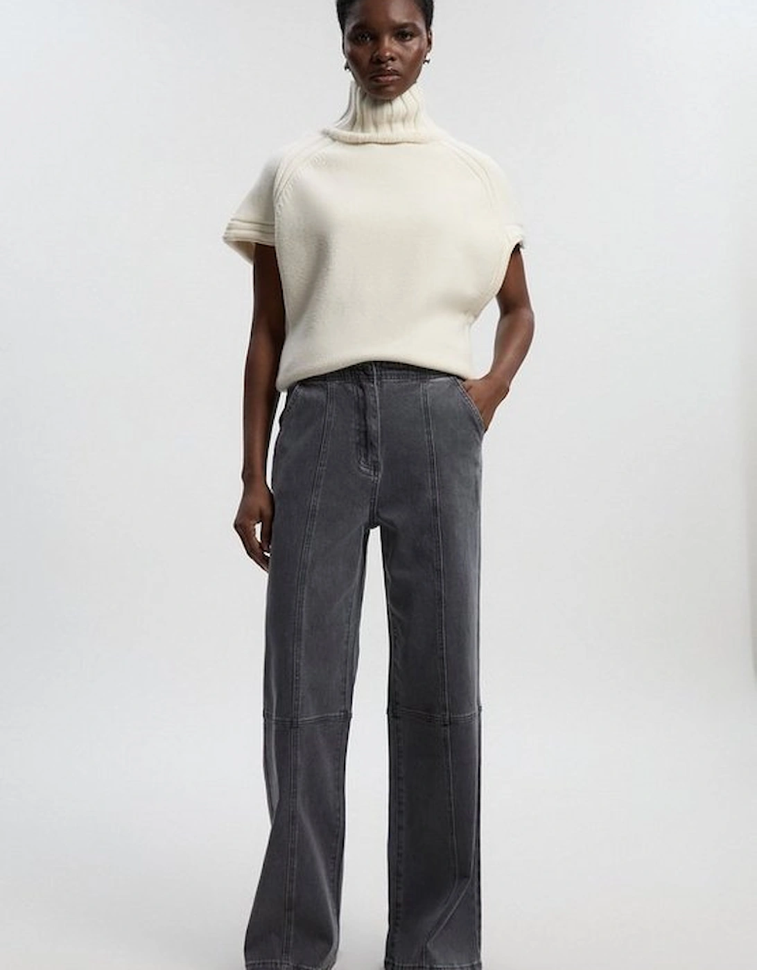 Denim Button Front Straight Leg Trousers, 2 of 1