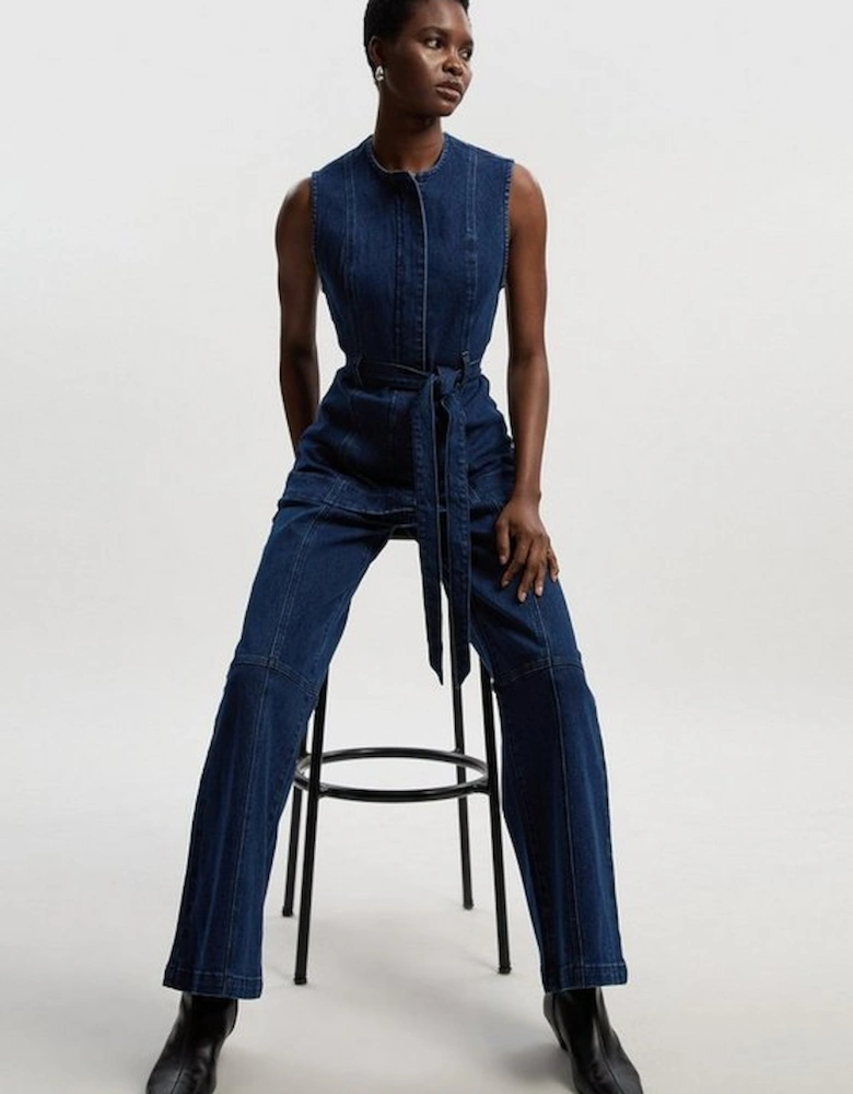 Denim Button Front Straight Leg Trousers