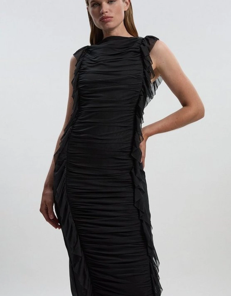Bandage Mesh Gathered Ruffle Knitted Maxi Dress