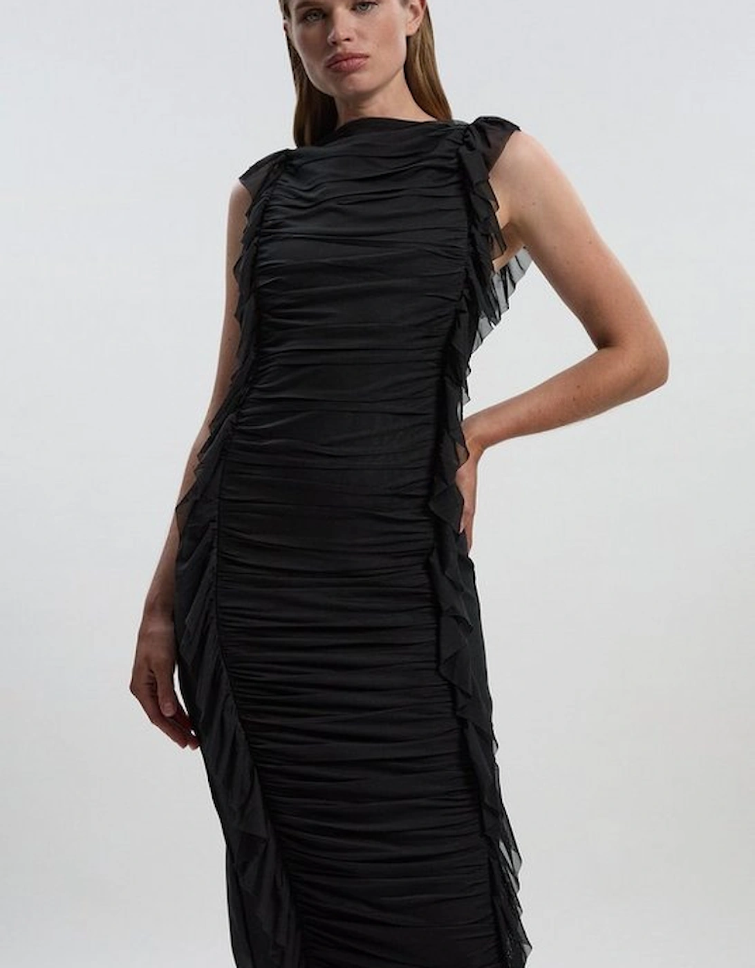 Bandage Mesh Gathered Ruffle Knitted Maxi Dress