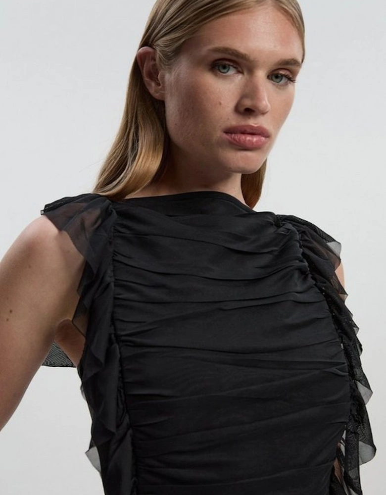 Bandage Mesh Gathered Ruffle Knitted Maxi Dress