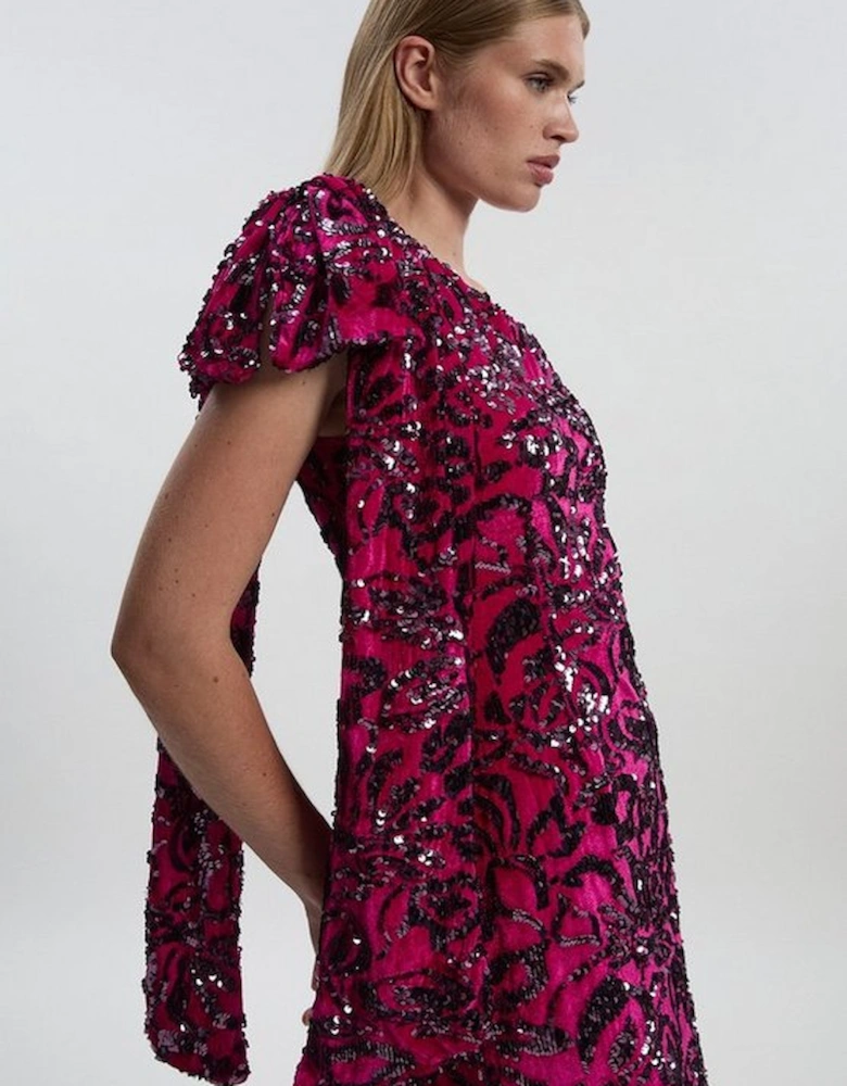 Velvet Sequin One Shoulder Woven Maxi Dress