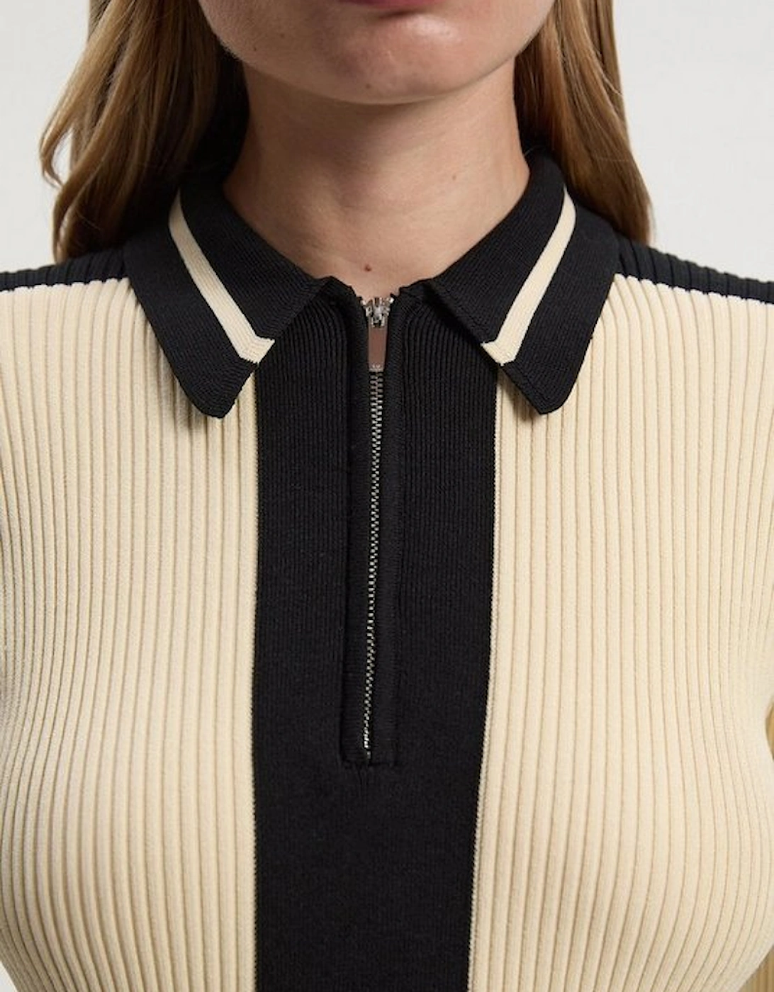 Rib Knit Polo Zip Up Midi Dress