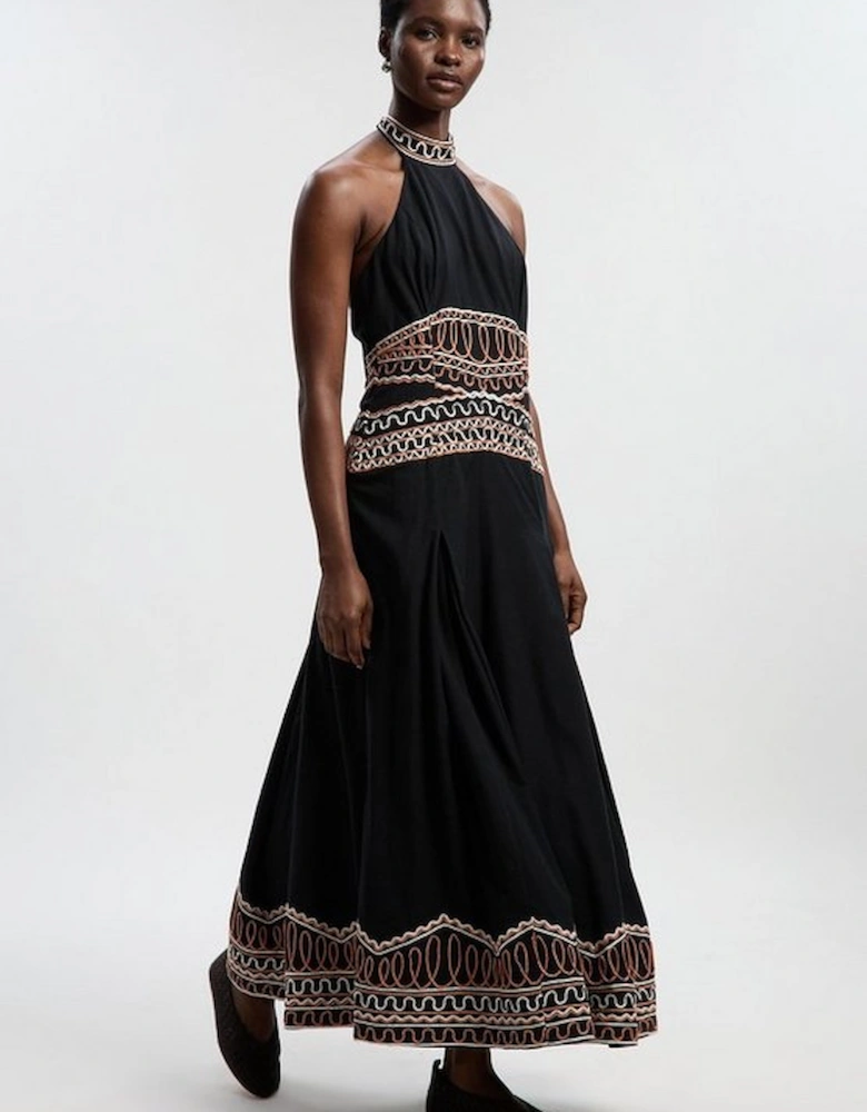 Embroidered Cotton Linen Woven Halter Dress
