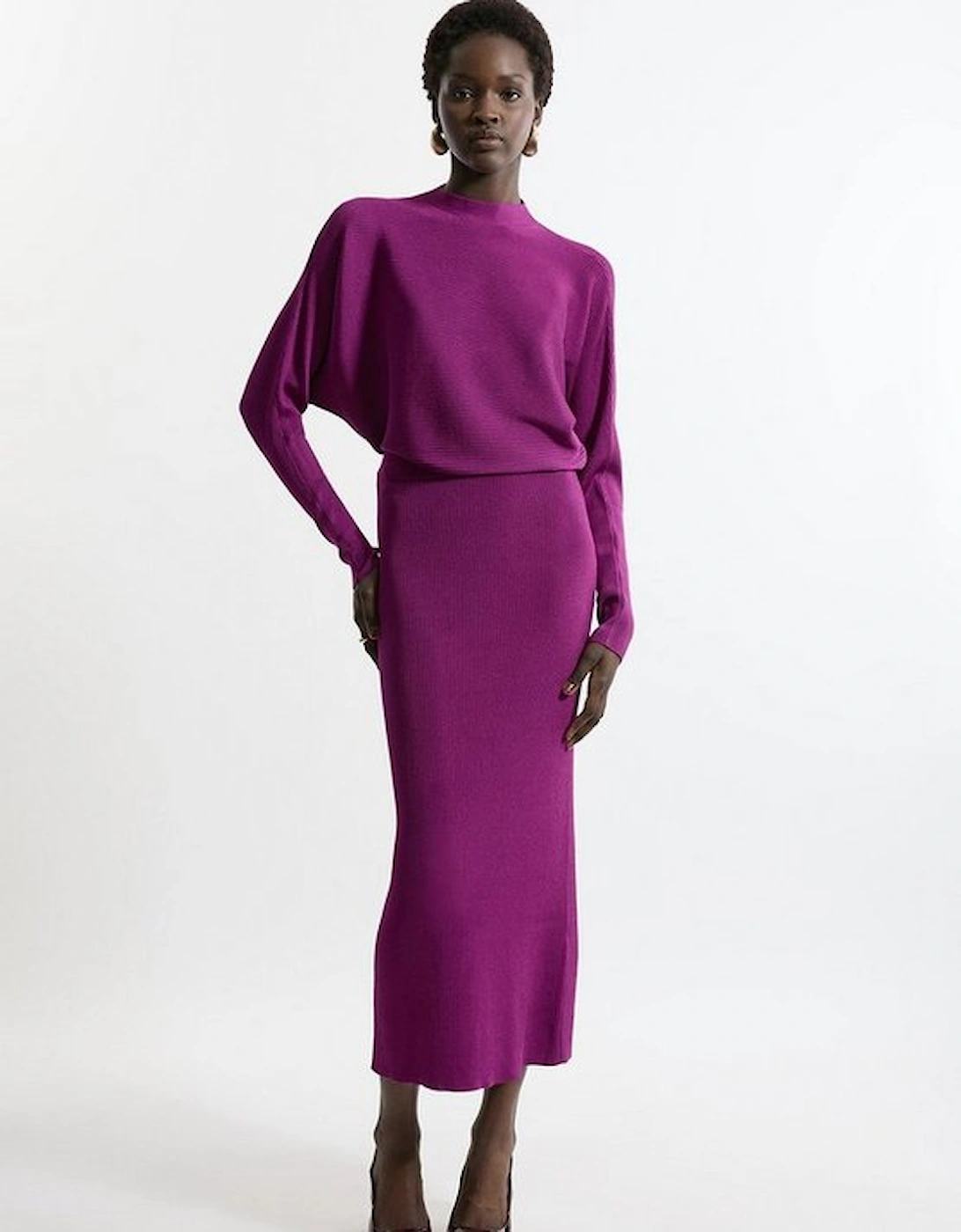 Slinky Drape Knit Bat Wing Pencil Midi Dress, 4 of 3