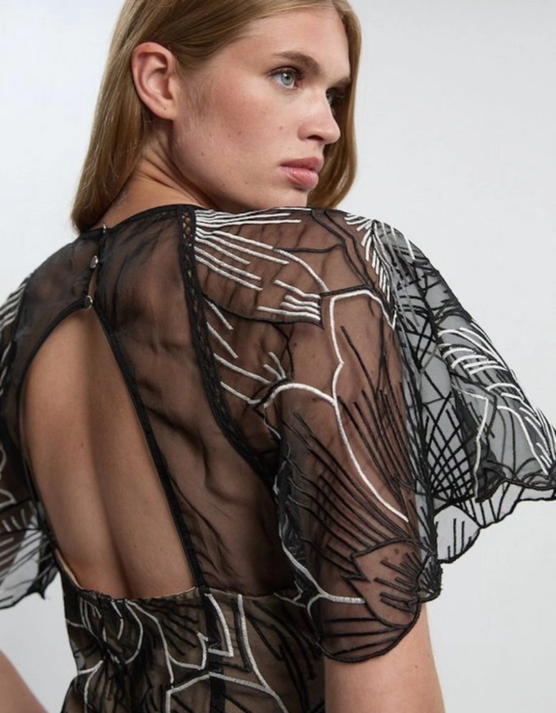 Hand Embroidered And Sequin Organdie Deep V Woven Maxi Dress
