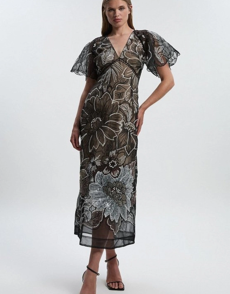 Hand Embroidered And Sequin Organdie Deep V Woven Maxi Dress