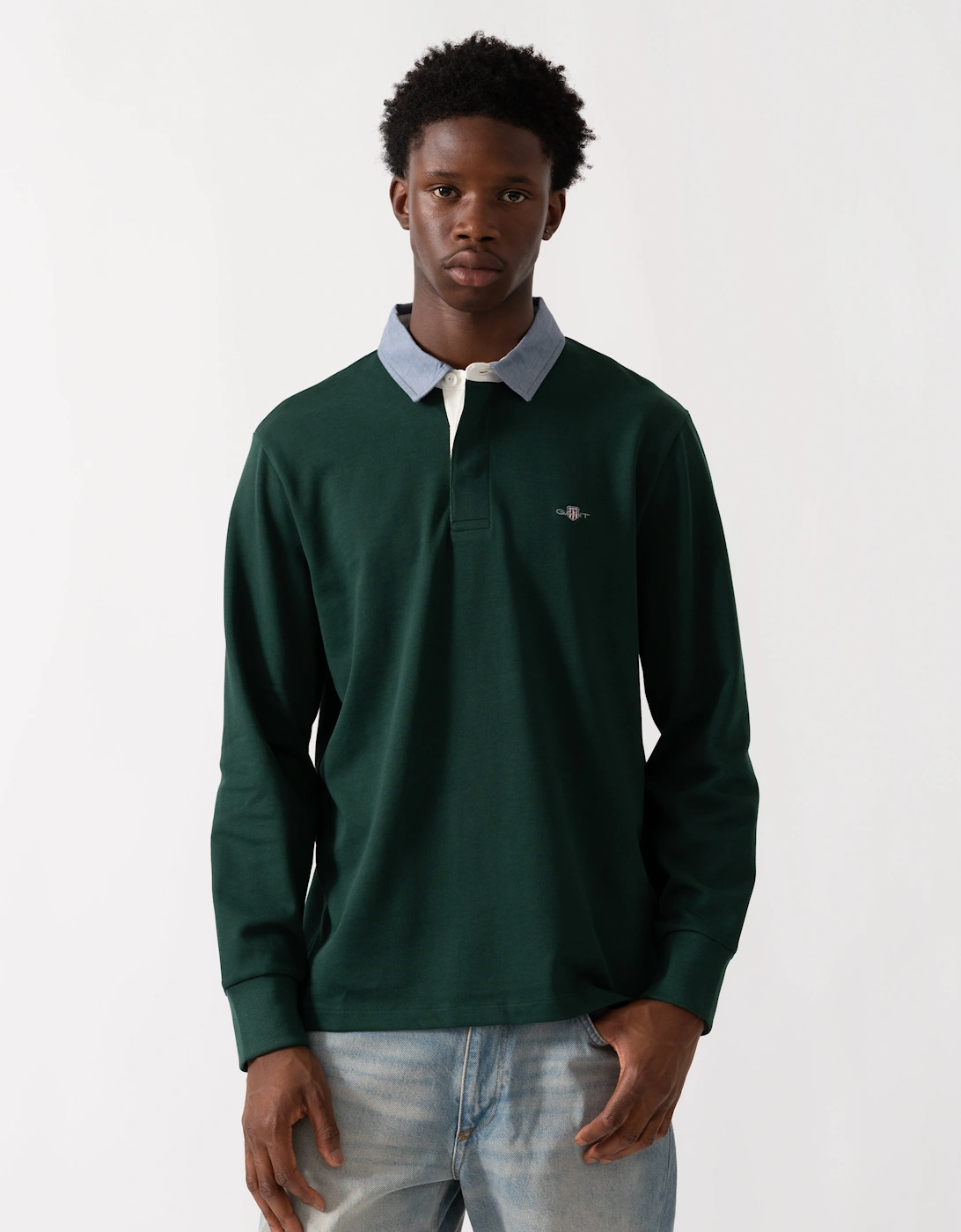 Men's GANT Mens Regular Fit Chambray Heavy Rugger - 374 Tartan Green - Navy - Size: 42