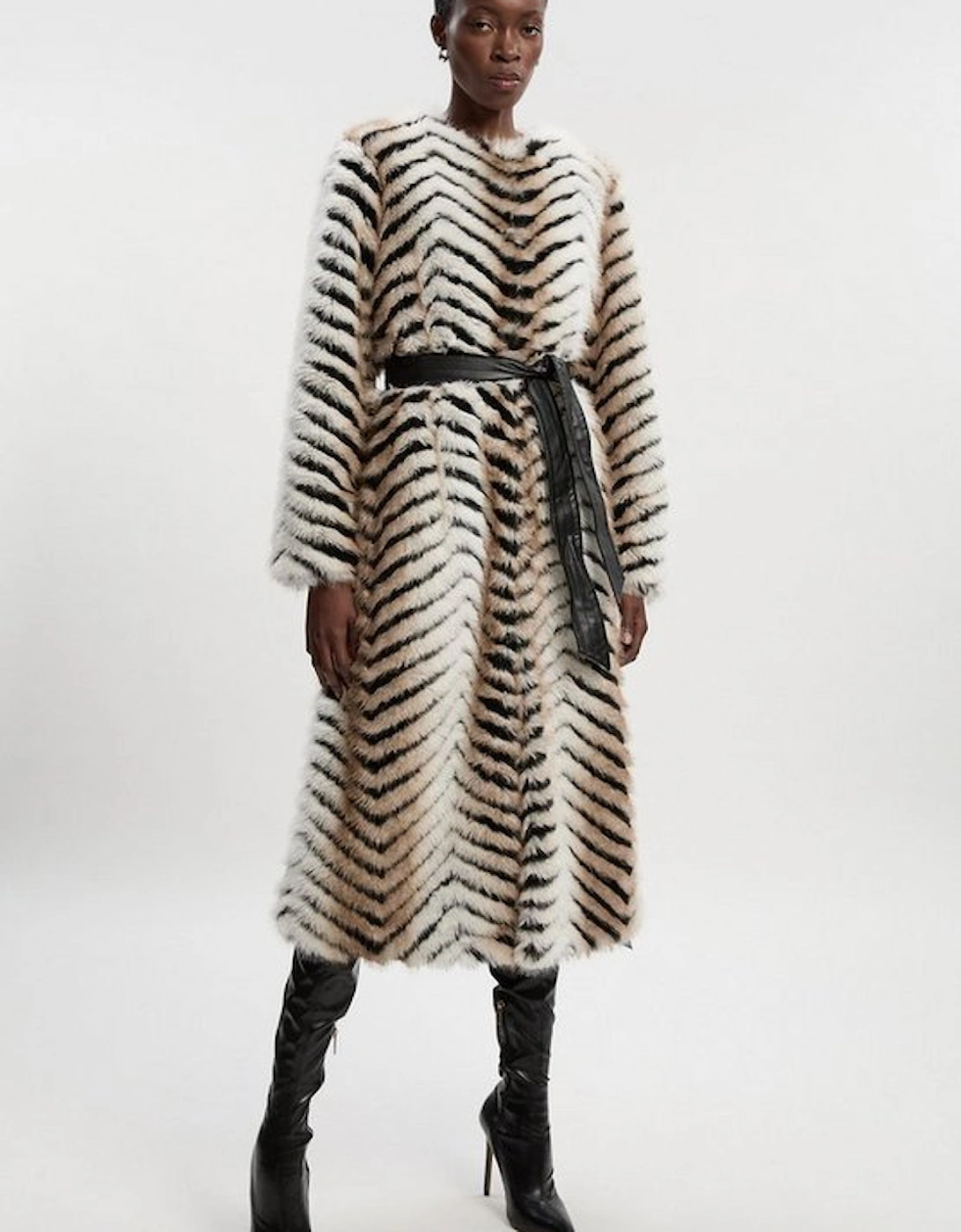 Zig Zag Faux Fur Collarless Belted Long Coat, 2 of 1
