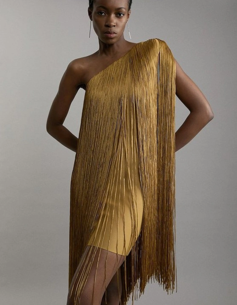 Petite Figure Form Bandage One Shoulder Fringe Mini Knit Dress