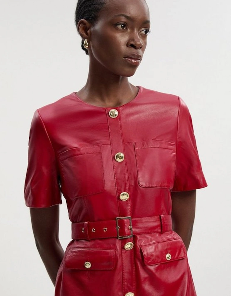 Leather Pocket Belted Mini Dress