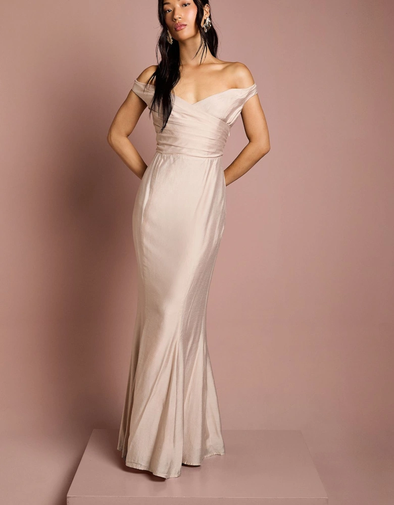 Bardot Gathered Satin Fishtail Bridesmaid Dress
