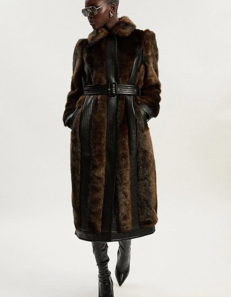 Petite Faux Fur PU Panelled Belted Midi Coat