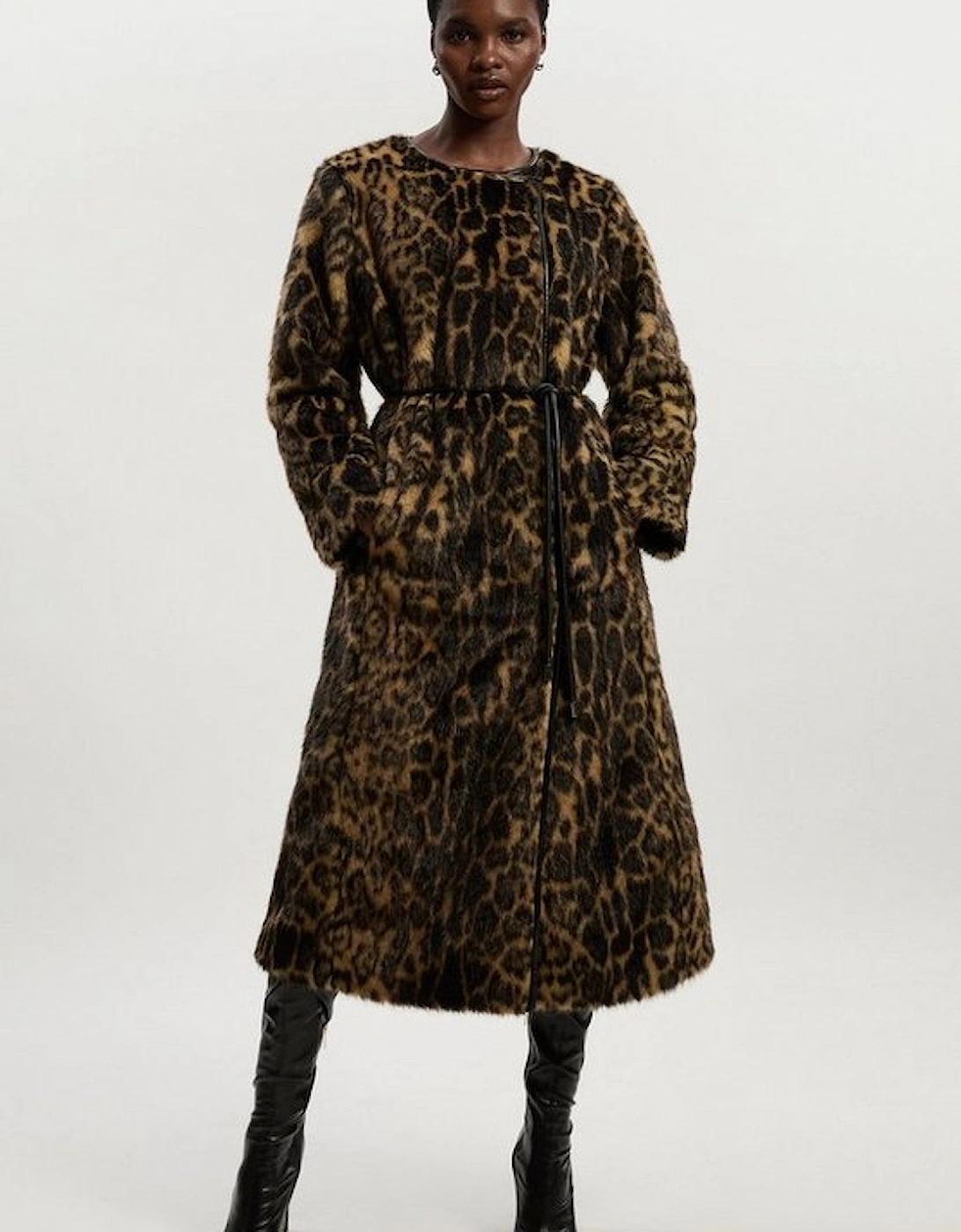 Faux Fur Leopard Collarless Tie Belted Midi Coat, 2 of 1