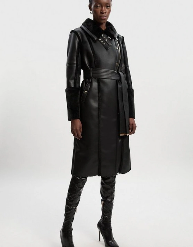 Faux Fur Buckle Detail Belted Biker Midi Coat