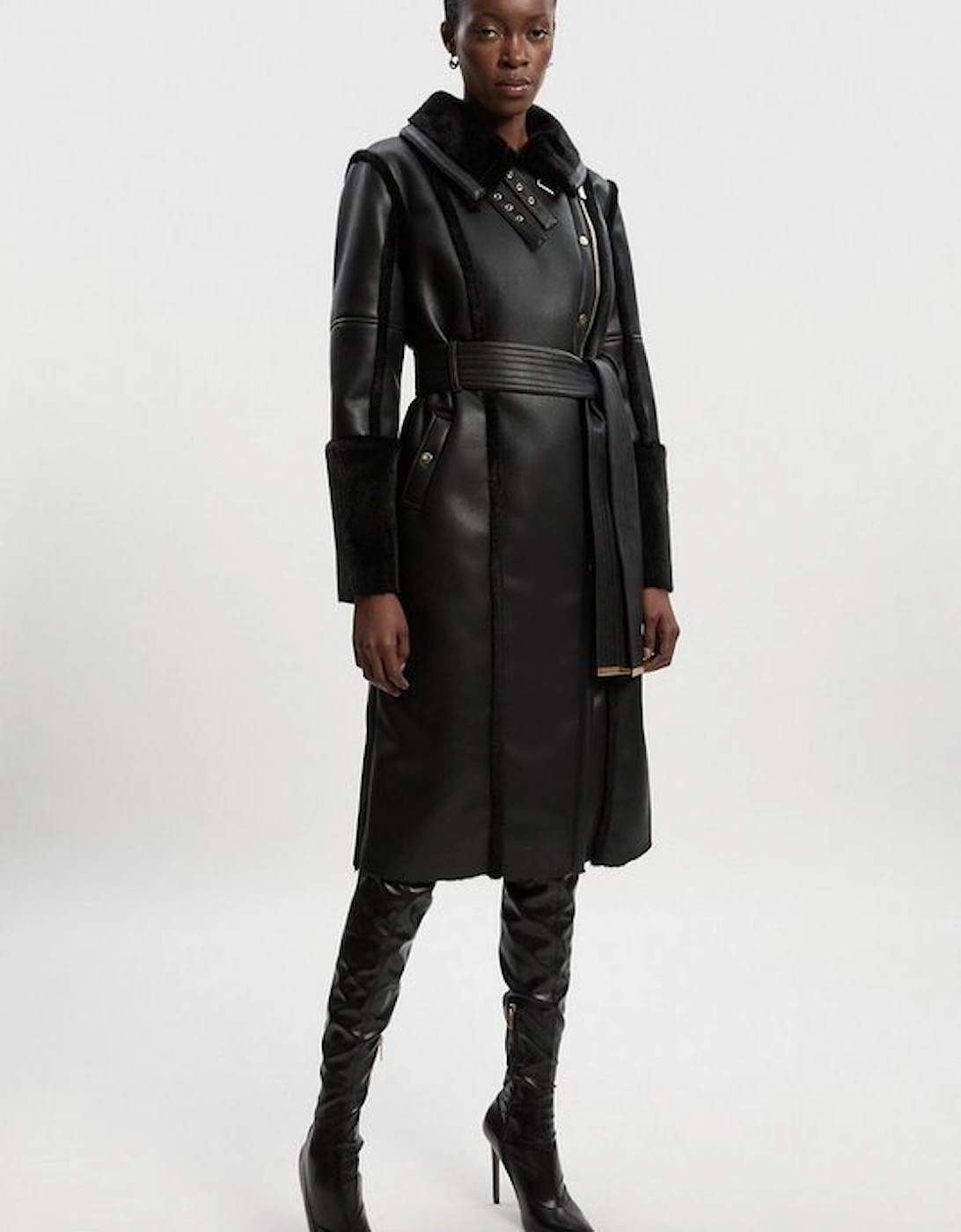 Faux Fur Buckle Detail Belted Biker Midi Coat, 2 of 1