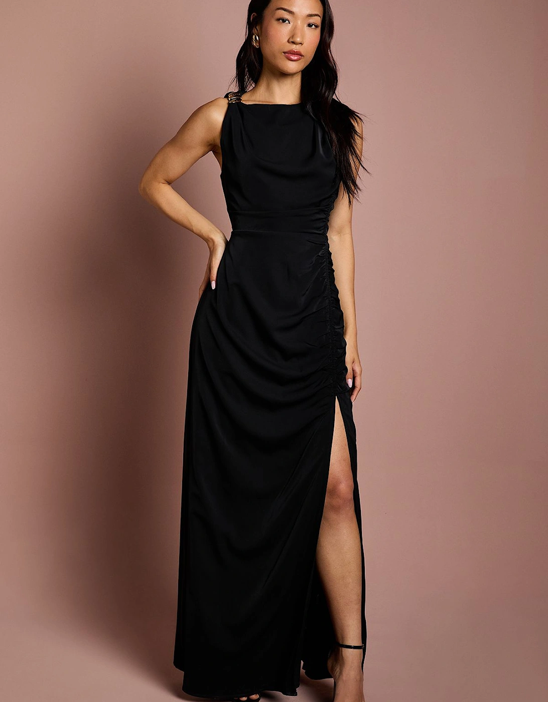 Sleeveless Ruched Midi Dress With Buckle Detail, 2 of 1