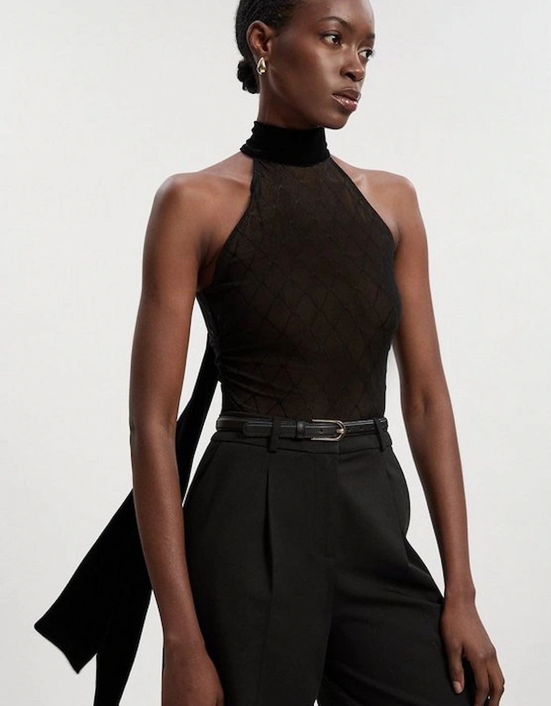 Mesh With Velvet Bow Neck Detail Halter Neck Bodysuit, 2 of 1