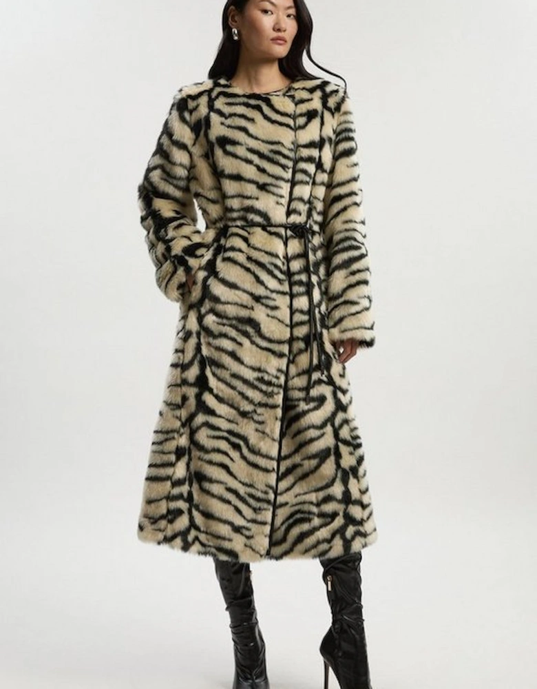 Faux Fur Zebra Collarless Tie Belted Midi Coat