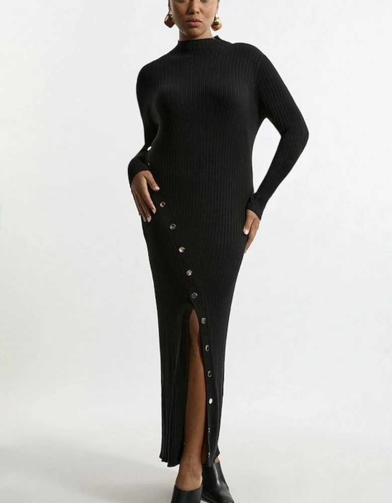 Plus Size Viscose Blend Popper Detail Split Knit Midi Dress