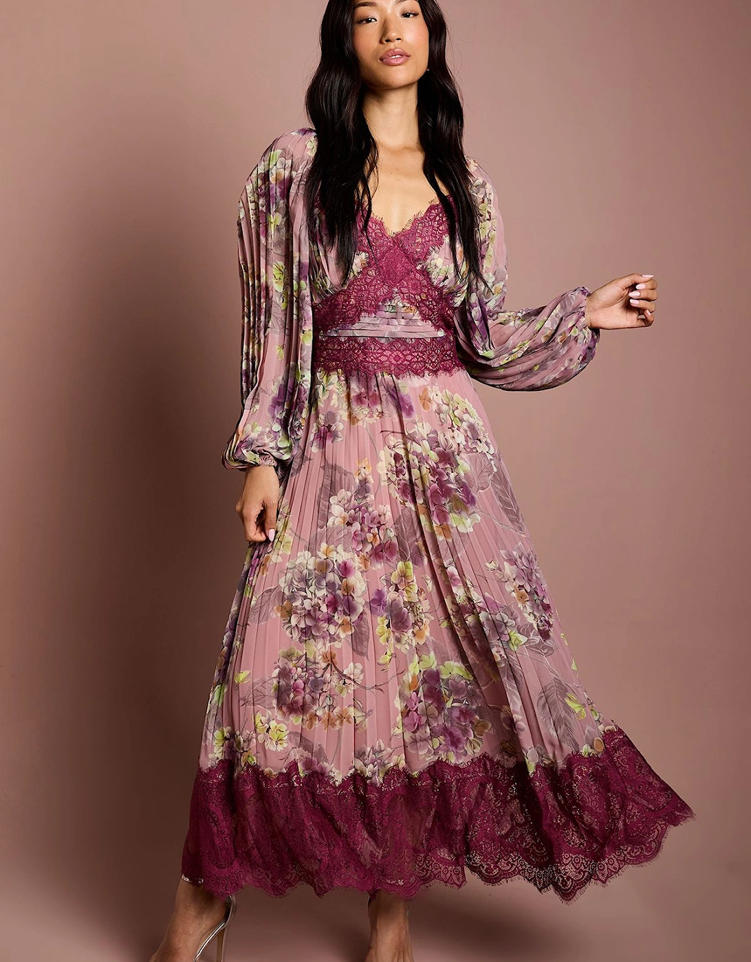 Long Sleeve Pleated Lace Trim Midaxi Dress, 2 of 1