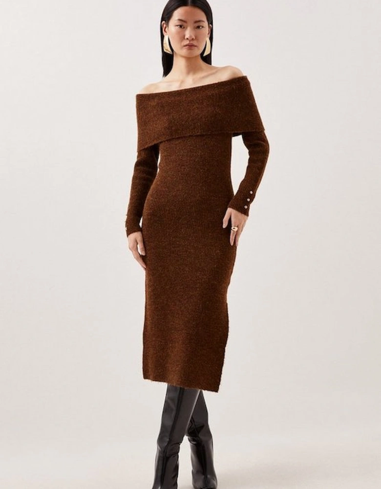 Wool Blend Cosy Bardot Knit Midi Dress
