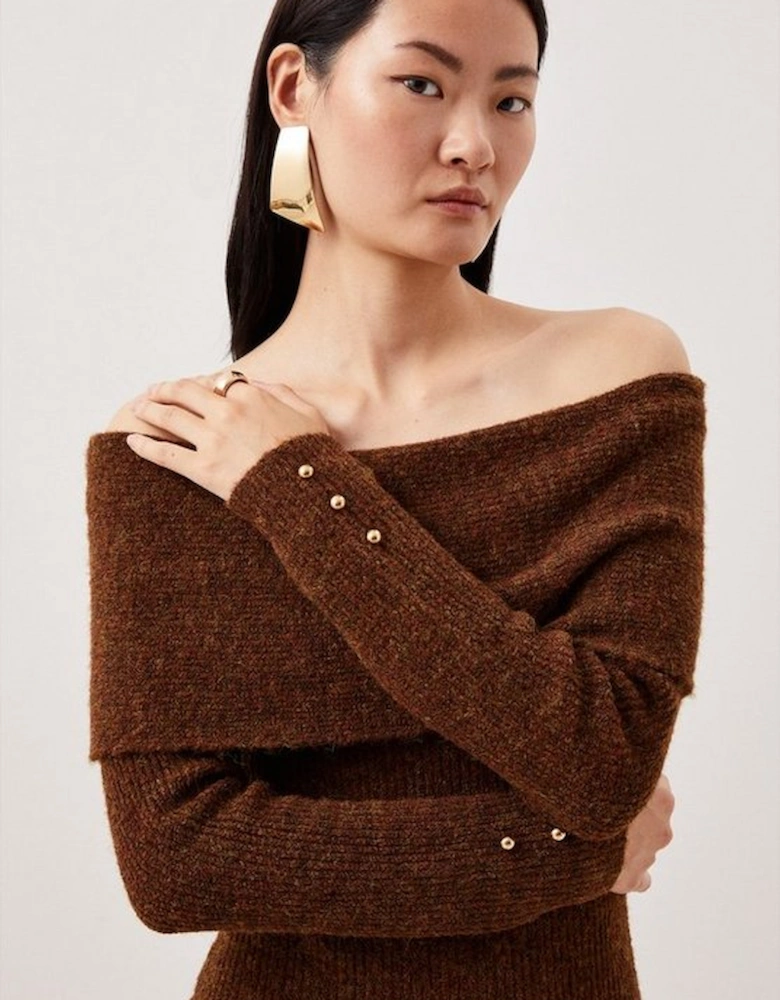 Wool Blend Cosy Bardot Knit Midi Dress