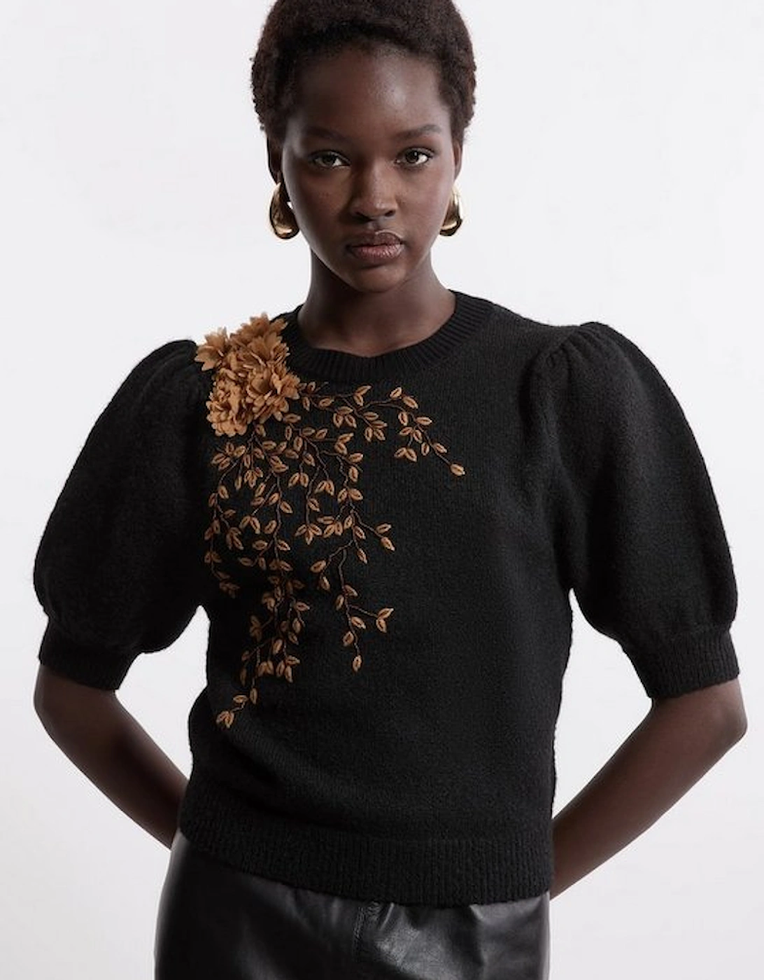 Flower And Beaded Puff Sleeve Knit Tee, 2 of 1