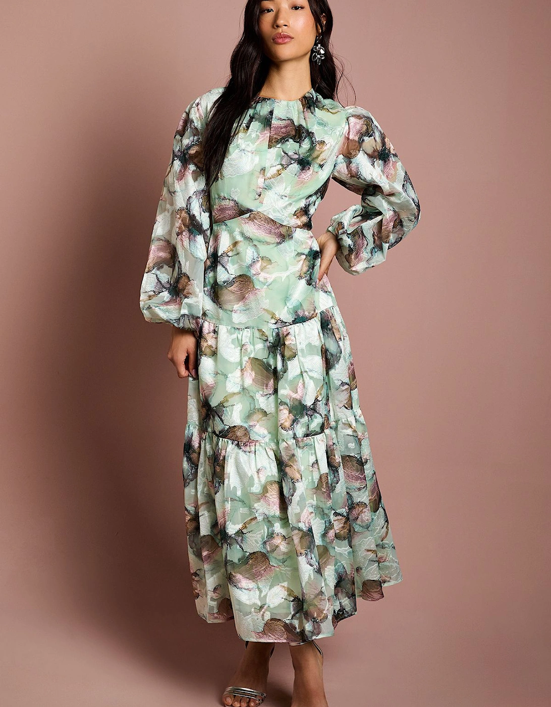 3/4 Puff Sleeve Printed Jacquard Midaxi Dress, 2 of 1