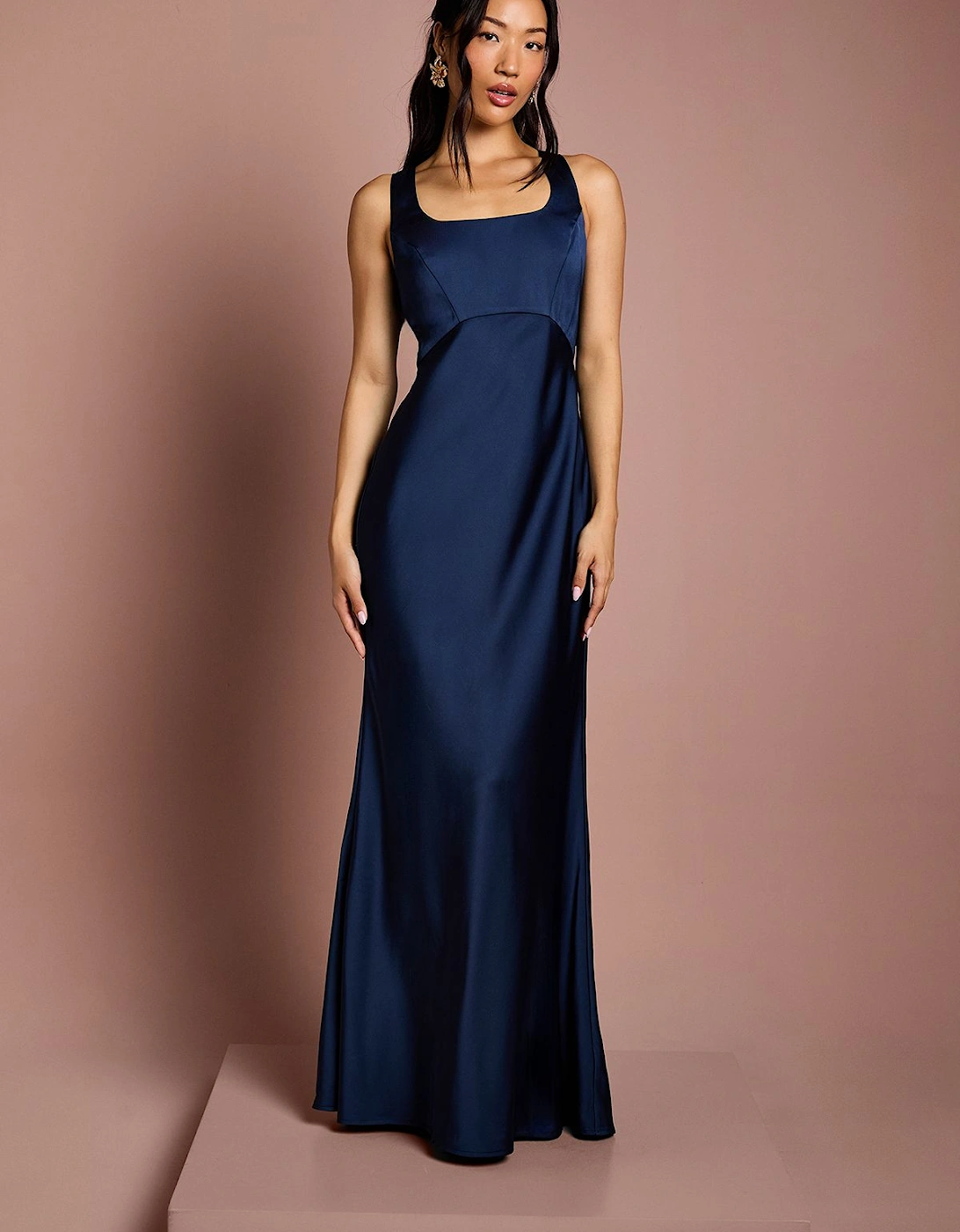 Square Neck Satin and Crepe Bridesmaid Dress with Bow Back, 2 of 1
