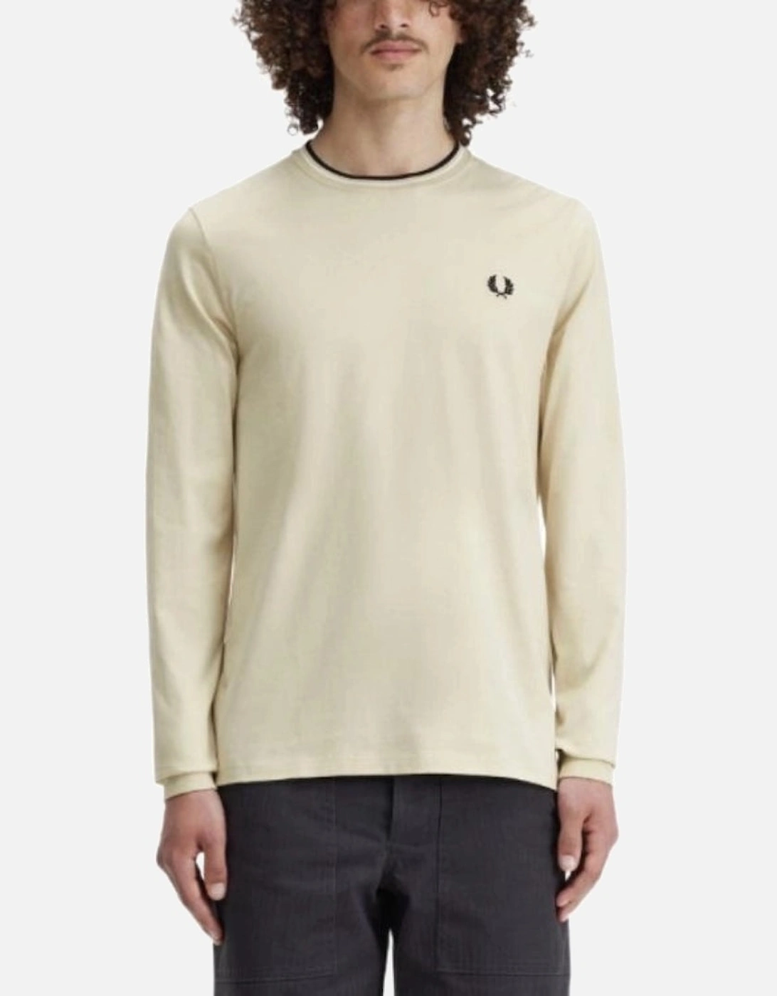 Twin Tipped Neck Beige Long Sleeve T-Shirt