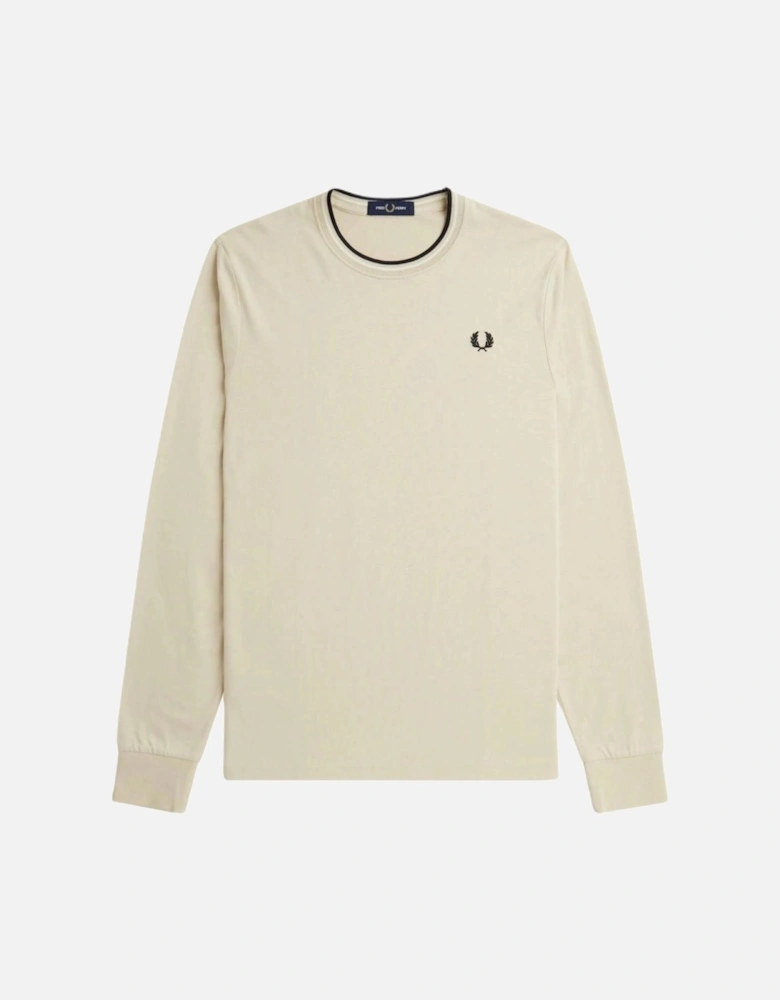 Twin Tipped Neck Beige Long Sleeve T-Shirt