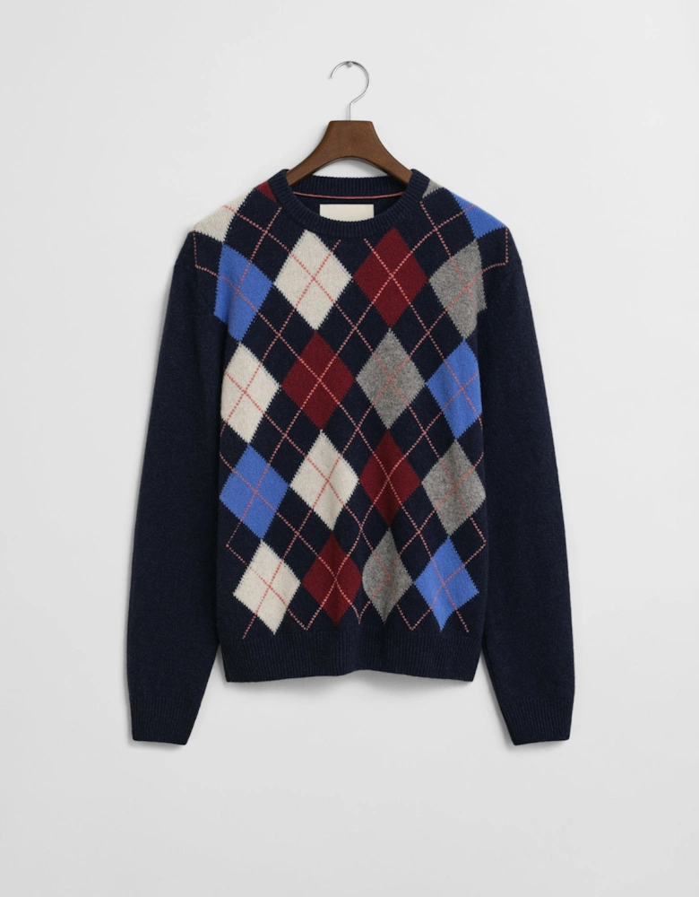 Mens Argyle Crew Neck Jumper - 480 Dark Navy Melange