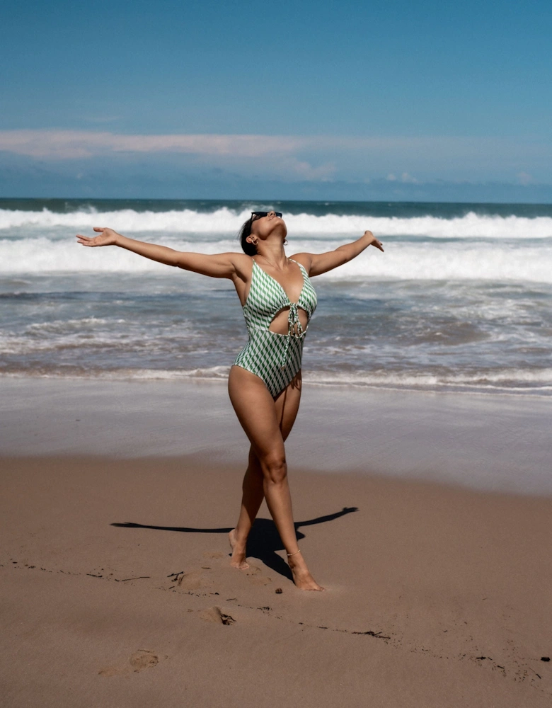 Green Wave Print Tie Front Swimsuit