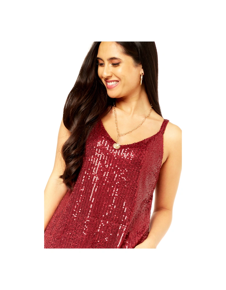 Burgundy Sequin V Neck Cami Top