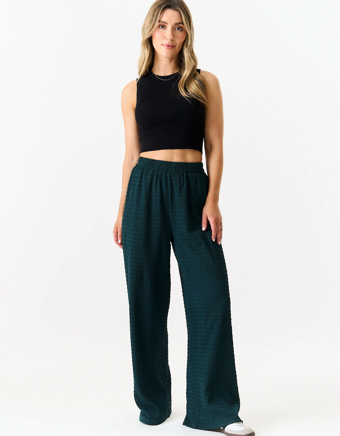Bottle Green Textured Elastic Waist Pull On Trousers, 5 of 4