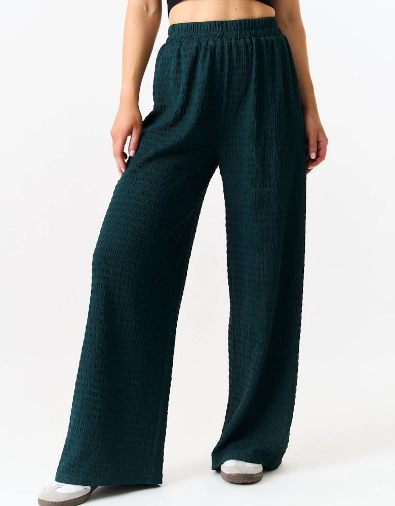 Bottle Green Textured Elastic Waist Pull On Trousers